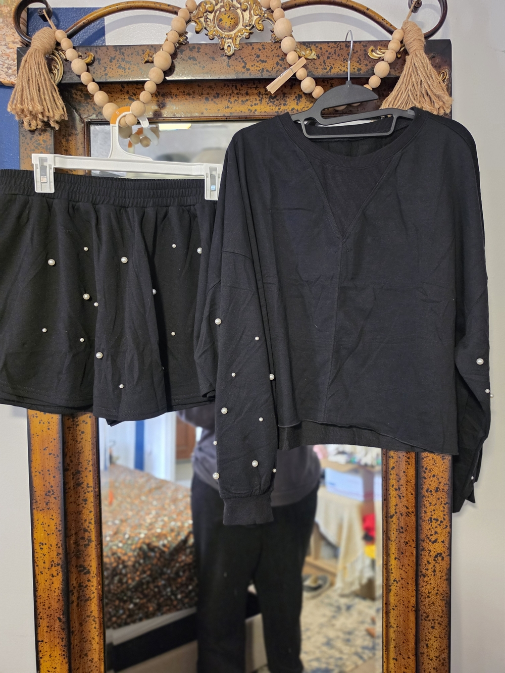 Black Pearl-Stud Long Sleeve Top & Skort Set